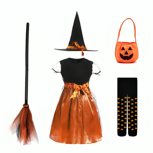 Fantasia Infantil Bruxa Halloween com Vassoura e Chapéu